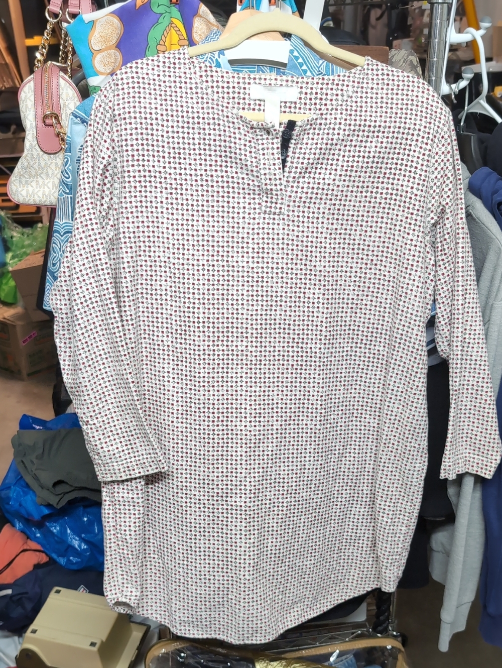 Vintage Womens Long Sleeve Tunic Dress in White w/ Red Dot Black Print "ET" Tag